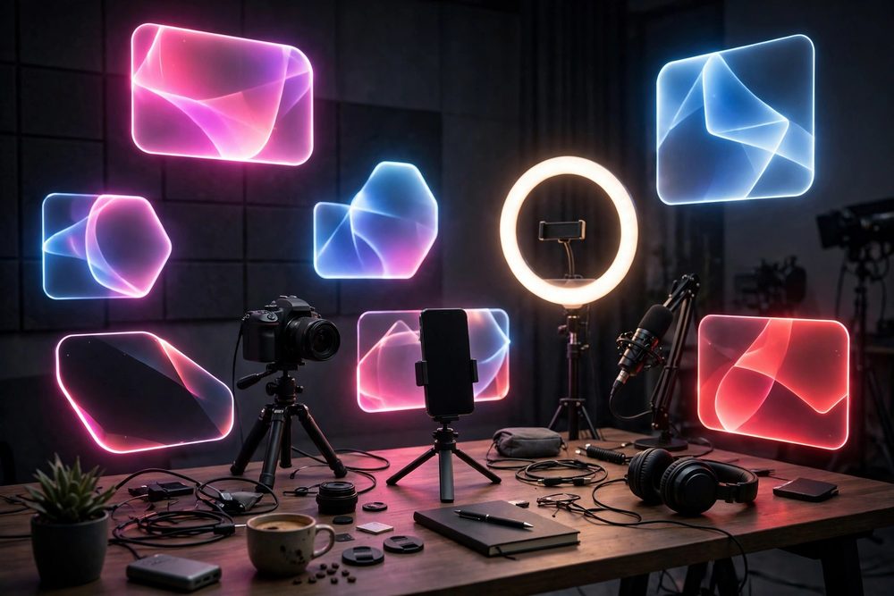Creator's desk with a phone filming for multiple platforms