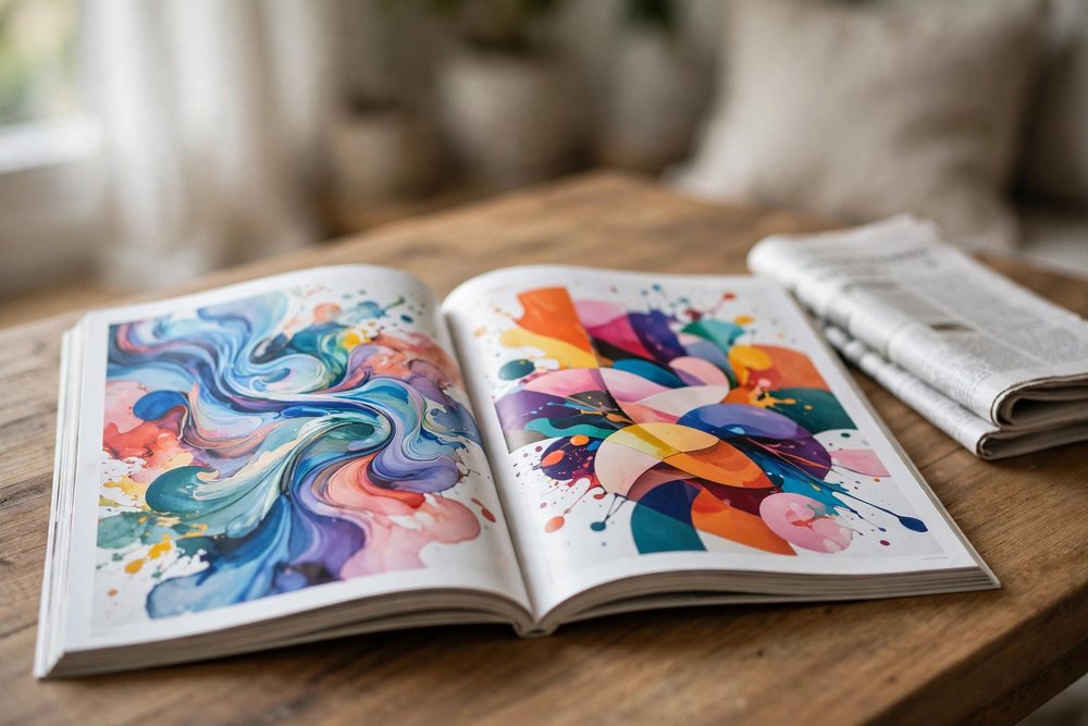 Open magazine with a colourful advertisement
