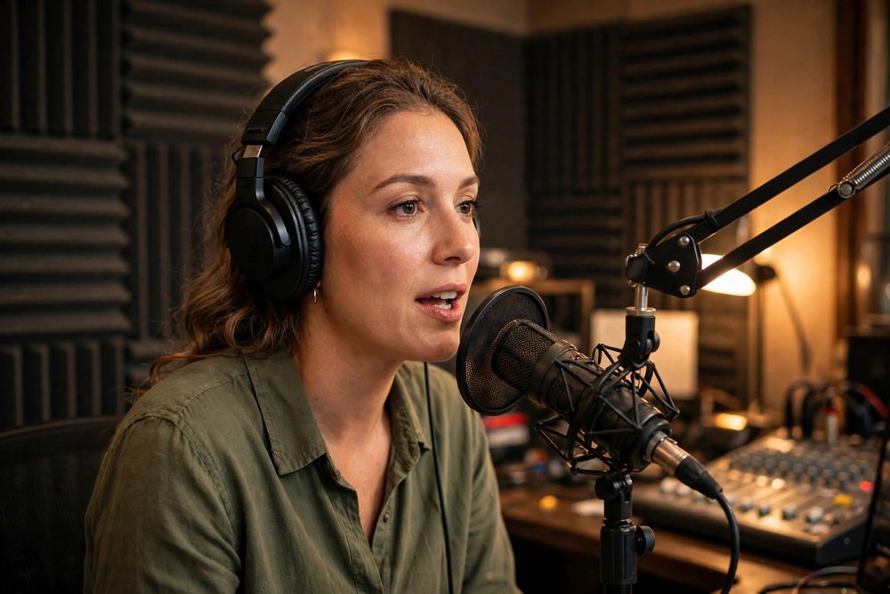 Presenter speaking into a broadcast microphone