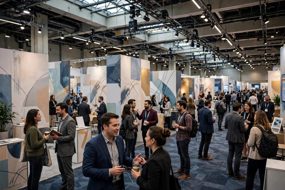 Business expo hall with exhibition booths