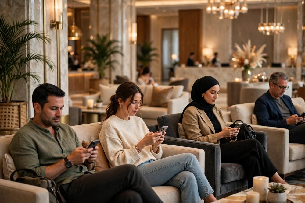 Hotel guests using Wi-Fi in a lobby