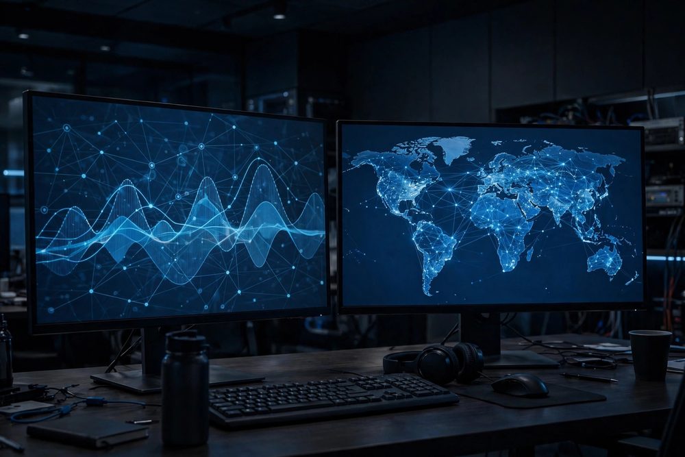 Network monitoring dashboards on office screens