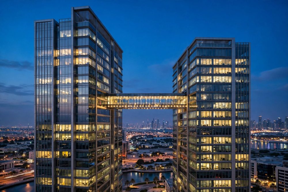 Two Dubai office buildings linked at dusk