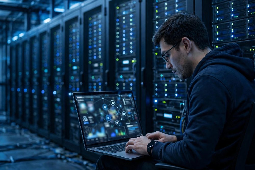 Engineer configuring network security in a server room