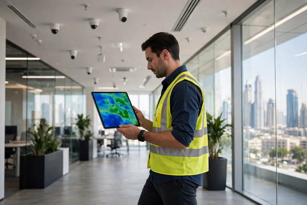 Engineer surveying Wi-Fi coverage with a tablet